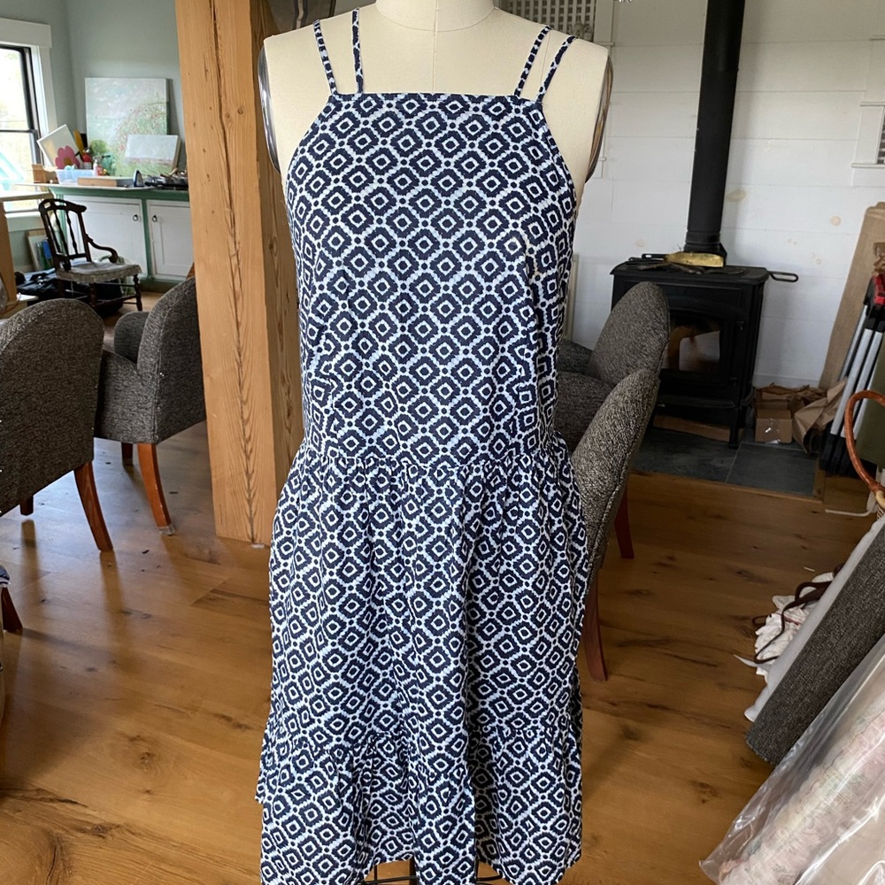LOFT Navy and White Patterned Midi Dress